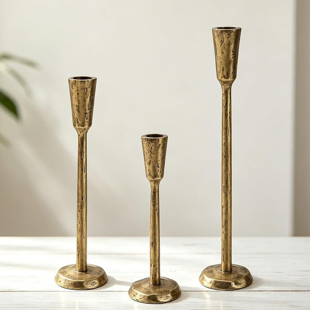 HUTUTUKJ Gold Iron Taper Candle Holders Set of 3, Vintage Brass Candlestick Holders with Anti-Slip Pad, Tall Candle Holder for Table Centerpiece, Wedding, Dining, Home Decor, Housewarming Gifts