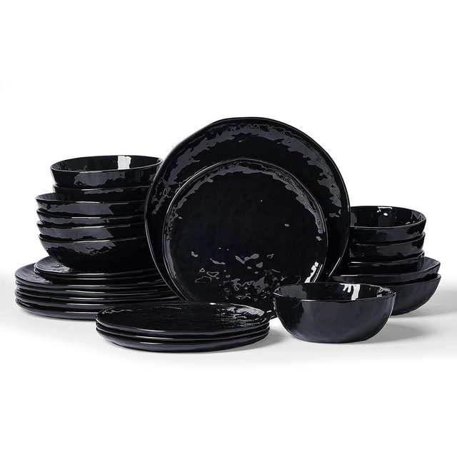 Famiware Porcelain kitchen plates and bowls set, Modern dishes set for 6, Handmade Wave Edge Dinnerware Sets, Microwave and Dishwasher Safe Tableware, Glossy-black (24pc)