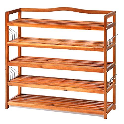 Giantex 5-Tier Wood Shoe Rack Entryway Shoe Shelf Storage Organizer for Hallway, Bathroom, Living Room Free Standing Shoe Racks with 8 Metal Side Hangers, 33’’Lx10’’Wx32’’H
