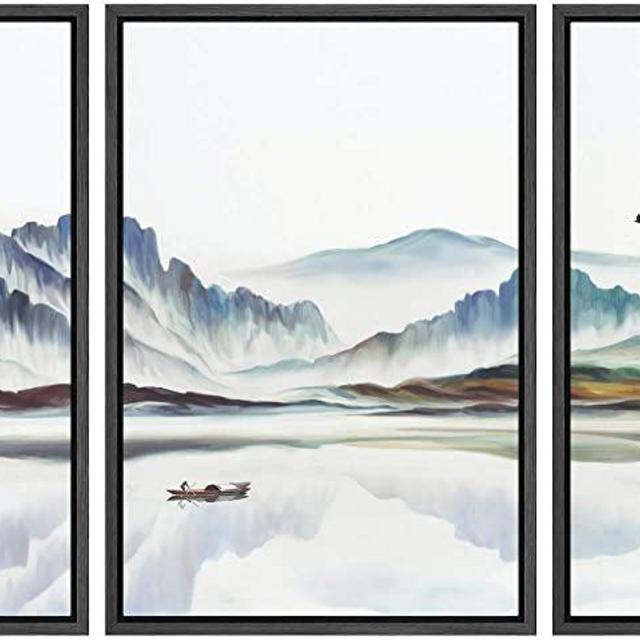 NWT Framed Wall Art Print Set Watercolor Mountain Landscape with Boat Nature Wilderness Illustrations Modern Art Rustic Colorful Pastel for Living Room, Bedroom, Office - 24"x36"x3 Black