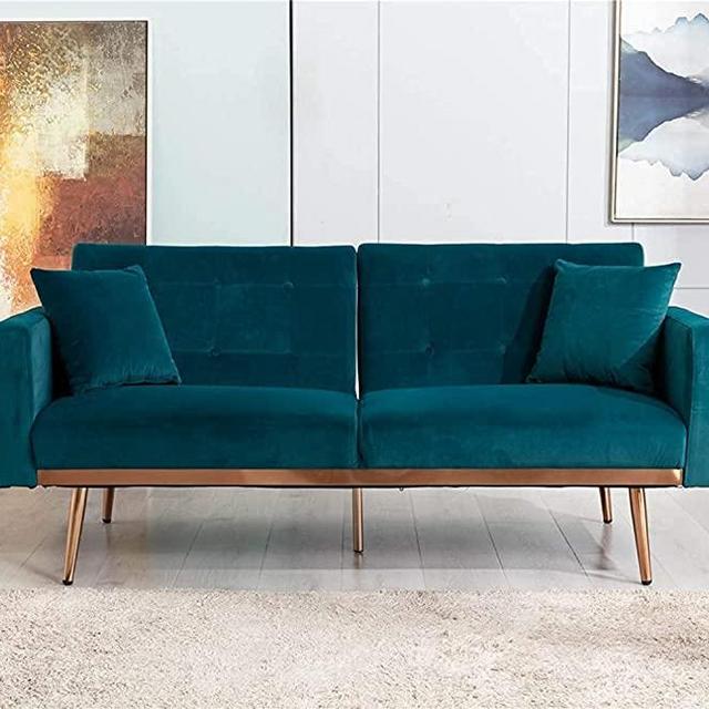 63.7" Teal Velvet Couch, Tufted Loveseat Sofa, Convertible Futon Sofa Bed, Accent Sofa Recliner, Golden Metal Legs, 2 Couch Pillows, Mid Century Modern Sofas for Home Living Room Bedroom