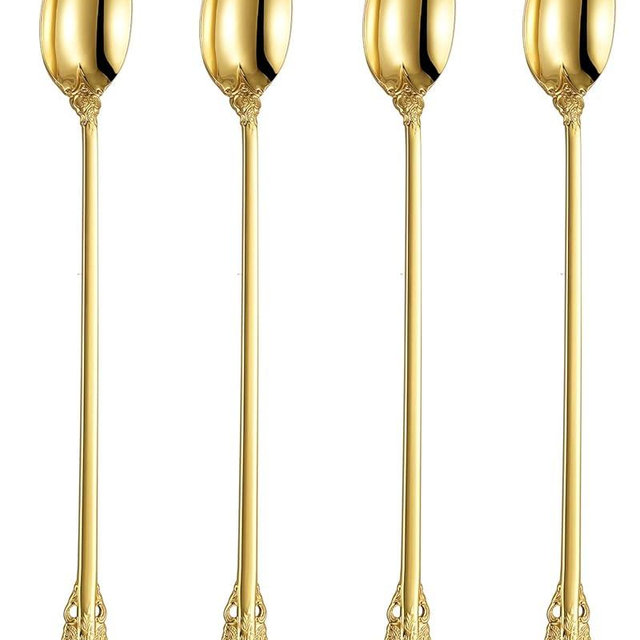 KEAWELL Luxurious 9 Inch Long Iced Tea Spoon Set - 4 Pieces - Gorgeous Design with Exceptional Mirror Polished Finish - 18/10 Stainless Steel- Perfect for Tall Glasses, Cocktails (Gold)