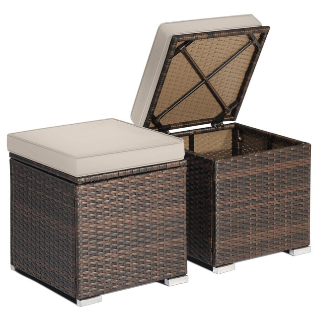 Tangkula 2 Pieces Patio Ottoman Multipurpose Outdoor Wicker Footstool Storage Box Side Table w/ Solid Metal Frame w/ Removable Cushions Beige