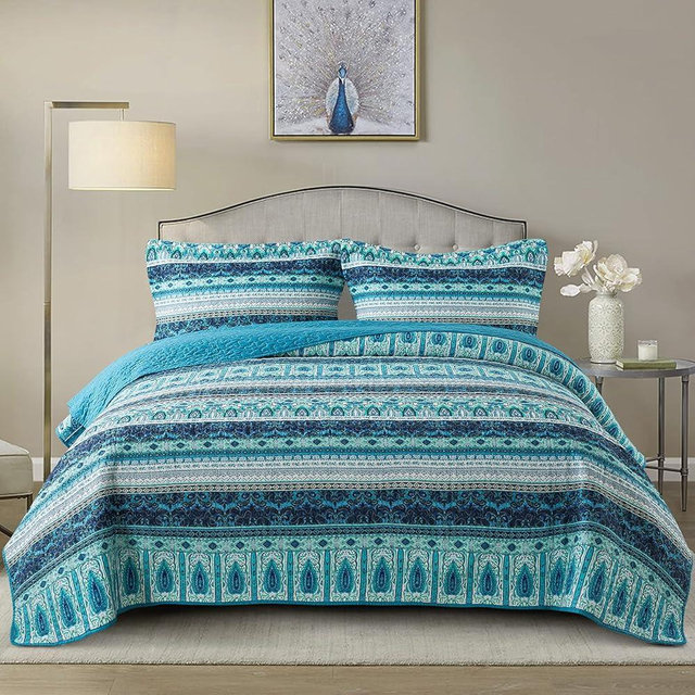 NEWLAKE Cotton Bedspread Quilt Sets-Reversible Patchwork Coverlet Set,Blue Mysterious Bohemian Style, Queen Size