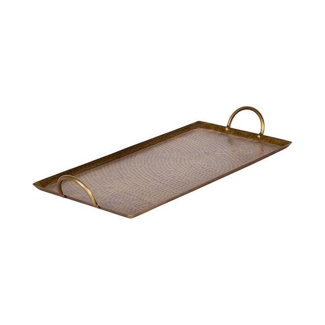 Kate and Laurel Sanzo Transitional Modern Hammered Rectangle Metal Tray, 22 x 10, Antique Brass, Vintage Rectangular Metal Decorative Tray with Hammered Surface and Minimalist Metal Handles
