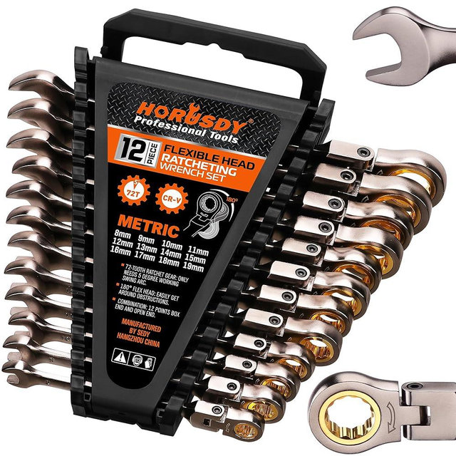 HORUSDY 12-Piece Metric Flex-Head Ratcheting Wrench Set Set with Organizer | 8-19 mm Ratchet Combination Wrenches Set | 72-Teeth | Chrome Vanadium Steel