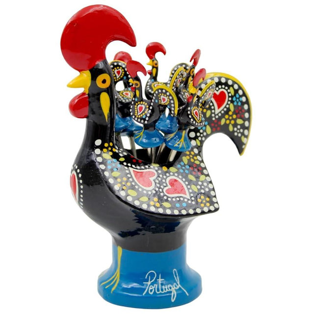 Traditional Hand-Painted Portuguese Metal Rooster Figurine with Appetizer Tapas Forks - Folk Art Kitchen Decor, Housewarming Gift, Party Favor (Large: 6 Forks)