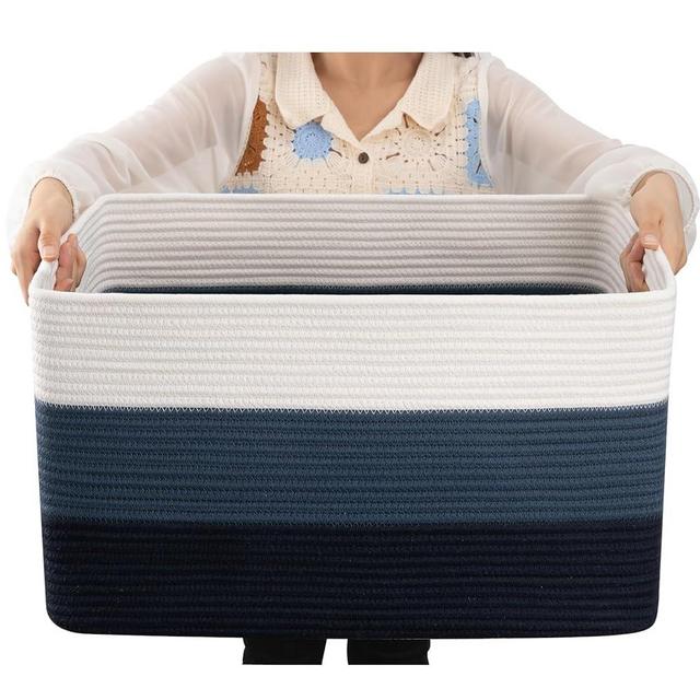 OIAHOMY Large Cotton Rope Basket, Rectangle Woven Baskets for Storage, Nursery Blanket Basket Living Room, Toy Basket With Handle, Large Baskets for Organizing-22”x17”x12”-Gradient Blue