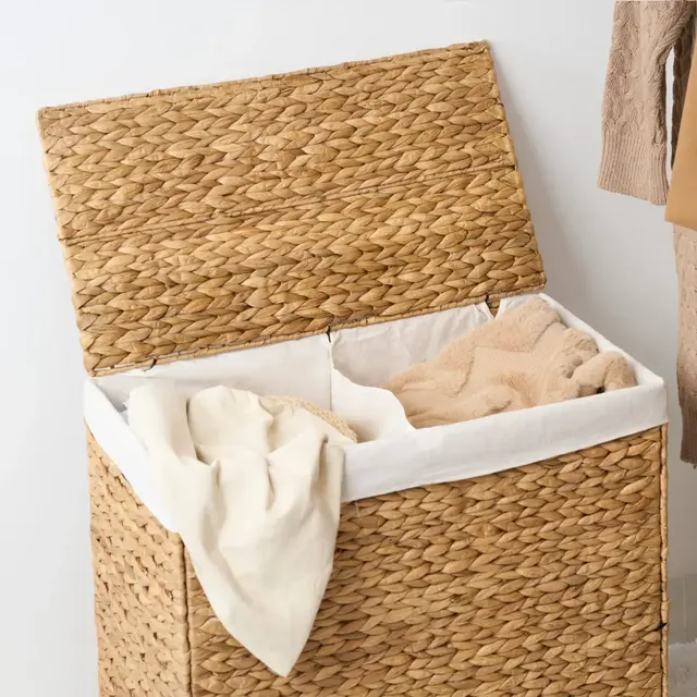 Solhome Ludmila Water Hyacinth Woven Rectangular 2-section Laundry Hamper