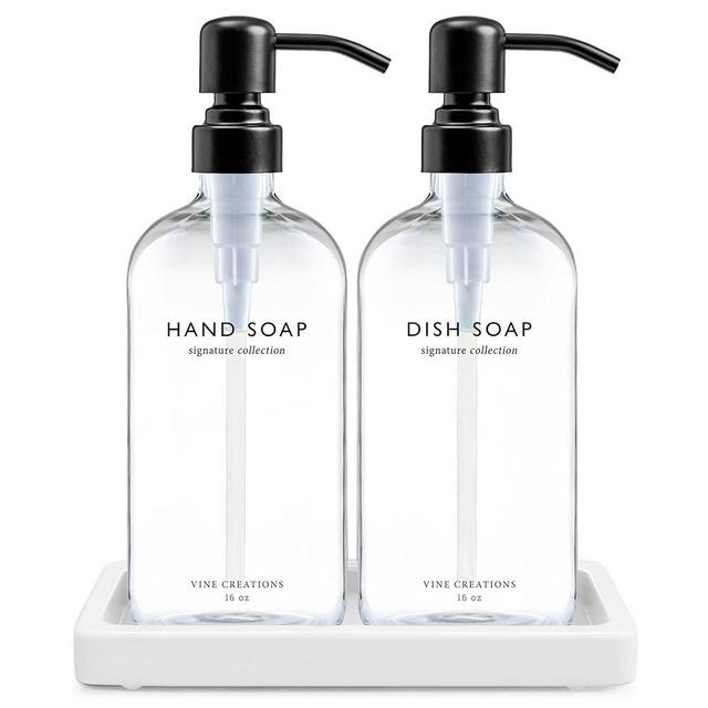 Vine Creations Glass Soap Dispenser Set, Kitchen Soap Dispenser Set with Ceramic Tray, 16 oz Dish Soap and Hand Soap Dispensers with Stainless Steel Pump Decor (Clear Bottle/Matte Black)