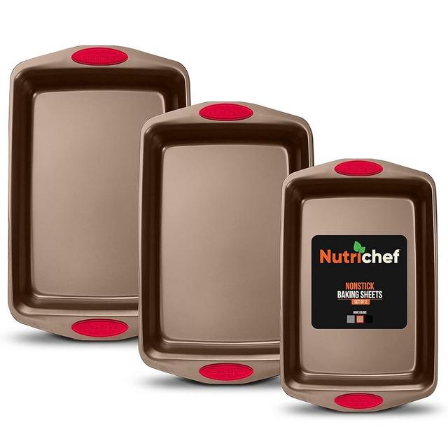 NutriChef 3-Piece Baking Pan Set - Premium Nonstick Carbon Steel Bakeware w/ Silicone Handles - Includes Large, Medium, & Small Pans for Baking & Roasting - PFOA, PFOS, PTFE Free - Gold