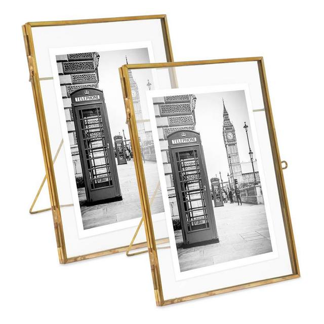 Isaac Jacobs 5x7 (2-Pack), Antique Gold, Vintage Style Brass and Glass, Metal Floating Picture Frame (Vertical) with Locket Closure, for Photos, Art, & More, Tabletop Display (5x7 Antique Gold)