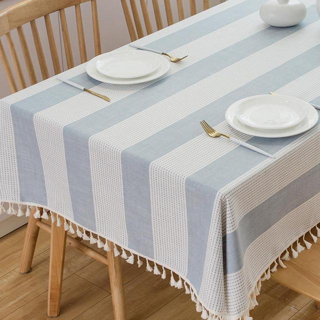 TruDelve Cotton Blend Tablecloth Blue Striped Rectangle Tablecloths with Tassel Washable Cloth Tablecloths for Rectangle Tables (86"x55", Blue)