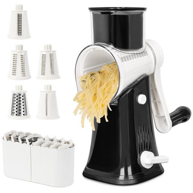 X Home 5-in-1 Rotary Cheese Grater for Kitchen, Upgraded Hand Crank Shredder with Stronger Suction Base & Multifunctional Drum Blades, for Cheese, Vegetables and Nuts, Easy to Use and Clean, Black
