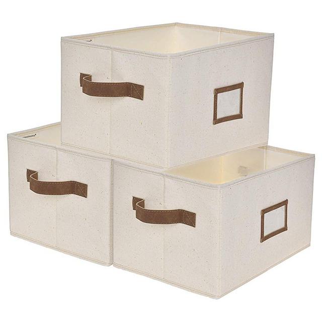 StorageWorks Decorative Storage Bins for Closet, Organization Baskets with PU Handles, Hand Wash, Canvas, Ivory White, Large, 3-Pack