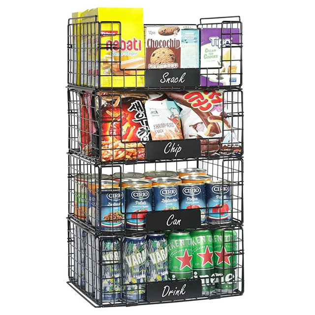 4 Pack Stackable Wire Baskets with Handles for Pantry Storage and Organization,Fruit and Vegetable Basket with Name Plates,Metal Storage Bins for Snack Can Fruit Veggies