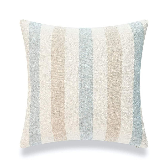 Hofdeco Beach Coastal Decorative Pillow Cover ONLY for Couch, Sofa, or Bed, Light Blue Tan Taupe Woven Stripe, 18"x18"