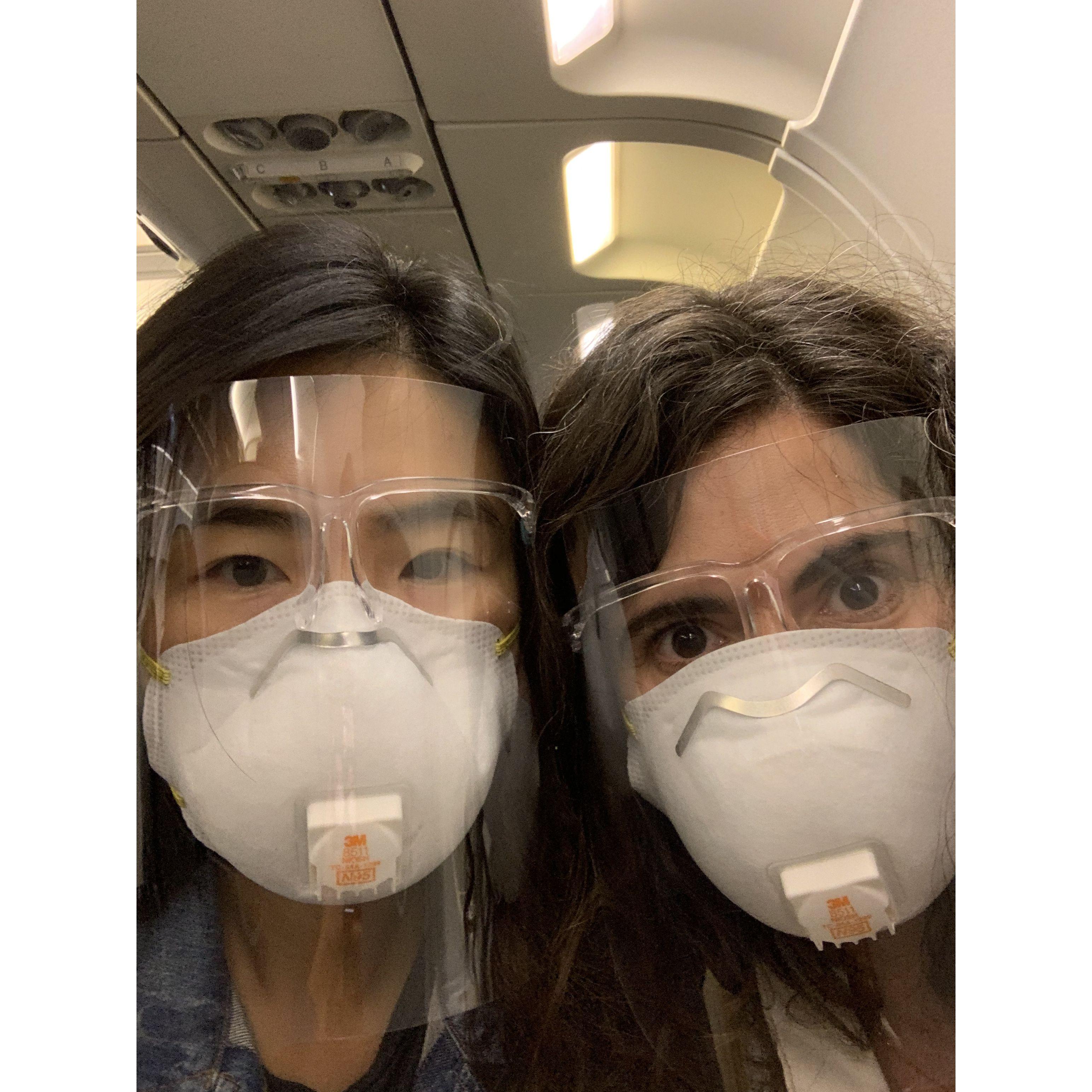 Hopping on a flight headed to CDMX. First time flying for Huan after the pandemic and she insisted full armor.