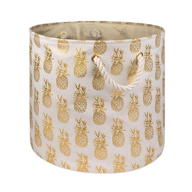 DII Polyester Container with Handles, Gold Pattern Storage Bin, Large Round, Pineapple