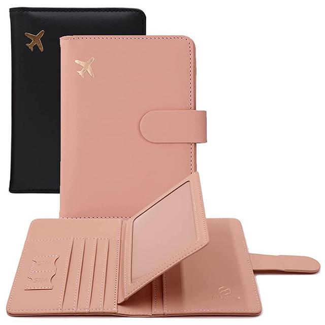 Melsbrinna 2 Pack Passport Holder,Passport Cover Case,Passport Holder with Ideal Holder for Various 4x3 Inch Cards,Rfid Blocking Travel Wallet for Family,Couples,Friends(Black pink)
