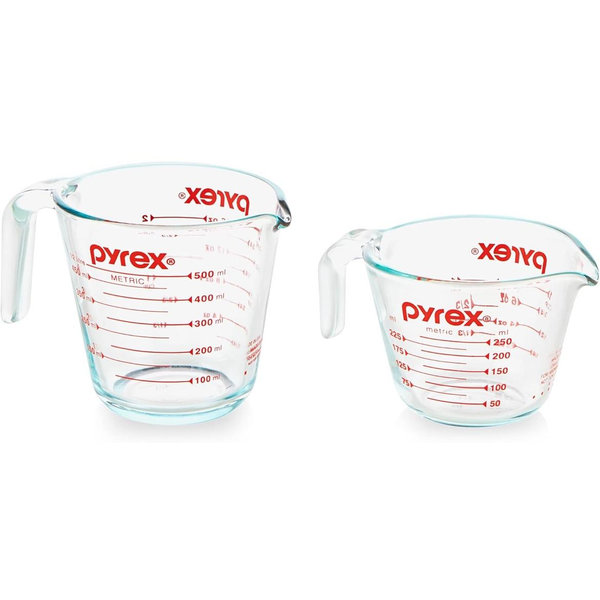 Pyrex 2 Piece Glass Measuring Cup Set, Includes 1-Cup, and 2-Cup Tempered Glass Liquid Measuring Cups, Dishwasher, Freezer, Microwave, and Preheated Oven Safe, Essential Kitchen Tools