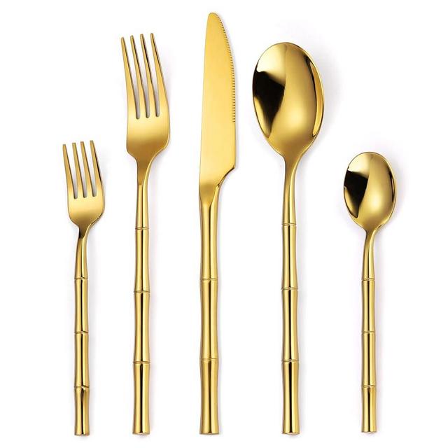 Bamboo Flatware Set Gold Silverware Set Stainless Steel Cutlery Set 20 Pieces with Bamboo Pattern Handle Hand Forged Restaurant Hotel Party Use Wedding Housewarming Gift Service for 4 Shiny Polished