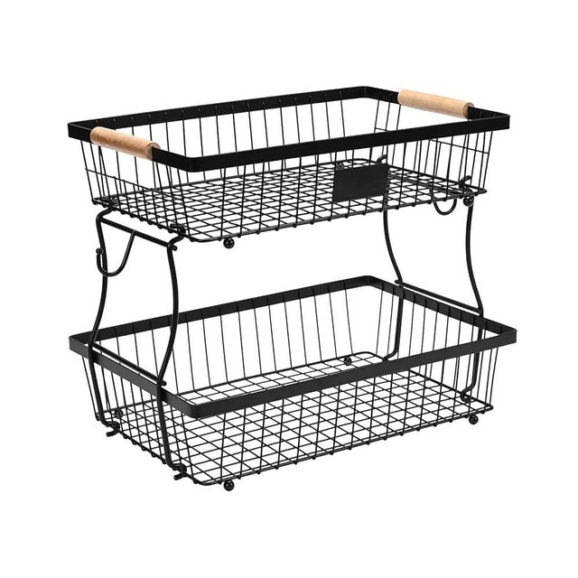 Lawhood-Mijin Fruit Basket Bowl 2 Tier Detachable with 2 Banana Hangers, Fruit Stand Holder for Kitchen Countertop, Metal Wire Vegetable Storage Organizer, for Bread Snack Veggies Produce, Black