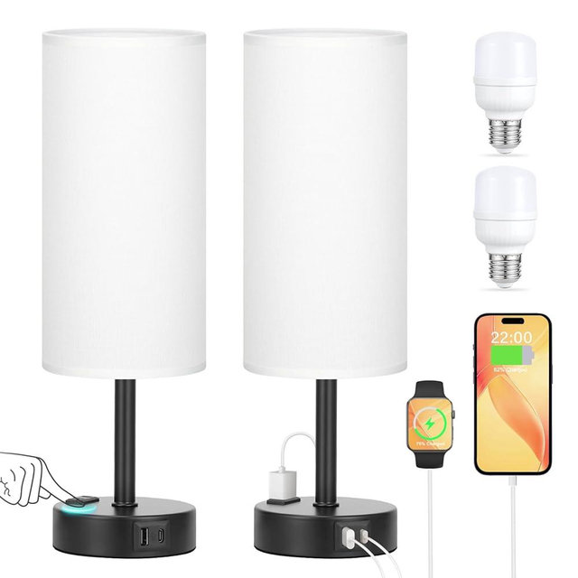 White Bedroom Lamps Set of 2-3 Way Dimmable Touch Table Lamps with USB C and A Ports, Bedside Lamps for Nightstand with AC Outlet, Small Desk Lamps with Black Base for Office Hotel