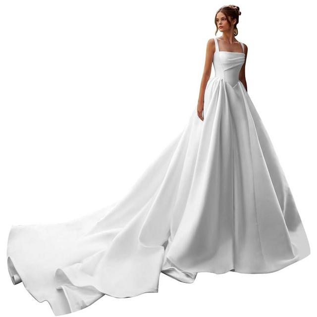 Lvloet Square Neck Satin Wedding Dresses for Bride Pleated Sleeveless A Line Drop Waist Bridal Gowns 2026 with Train