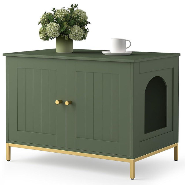 Homhedy Cat Litter Box Enclosure, Cat Washroom Furniture with Metal Frame, Pet House, Fit Most of Litter Box, Modern Style, Green and Gold