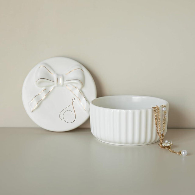 COLLECTIVE HOME - Monogram Jewelry Box with Bow, Christmas Gift Ideas for Women, Small Gift for Girlfriend Wife, Ring Holder, Earrings Dish, Birthday Gift for Her (S)