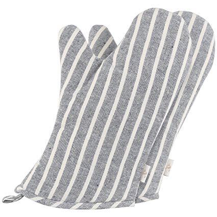 NEOVIVA Denim Quilted Heat Resistant Oven Mitt for Adult Women and Men, Set of 2, Chalk Striped Wild Dove