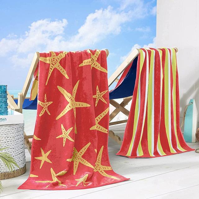 2 Pack Plush Coral & Yellow Star Fish & Stripes Print Beach Towels. 100% Cotton Nautical  Beach Towels, Large Pool Towels. Maui Collection (30”x60”)
