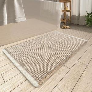 AMOAMI Upgraded Waffle Bath Mat, Super Absorbent Non Slip Bath Mats for Bathroom Floor, Machine Washable Bathroom Rugs with Tassels, Rubber Backed Bathroom Mats, Ultra Soft, 17" x 24",Brown & Cream