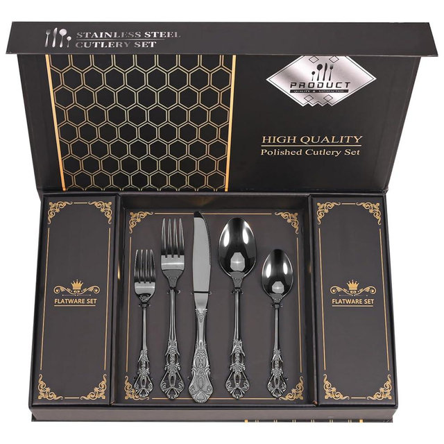 Retro Royal Black Silverware Set With Gift Box, 60-Pieces Cutlery Set Utensils Stainless Steel Flatware For 12 MIKIWAY Kitchen Tableware Set For Gifts Festive, Dishwasher Safe, Mirror Polishing