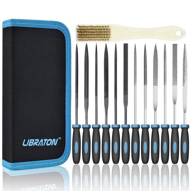 LIBRATON Needle Files Set 13PCS with 6 Steel File, 6 Diamond File Set, Cleaning Brush & Carrying Case for Wood and Metal Work DIY Metal File