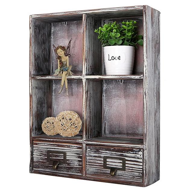 MyGift Rustic Torched Wood Wall Mounted Shadow Box with 4 Cubby Shelving and 2 Drawers with Label Holders