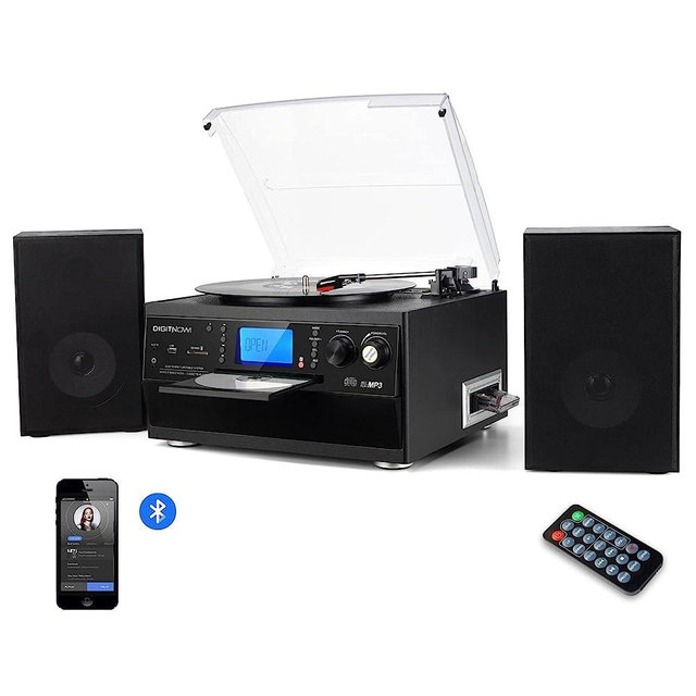 DIGITNOW Bluetooth Record Player Turntable with Stereo Speaker, LP Vinyl to MP3 Converter with CD, Cassette, Radio, Aux in and USB/SD Encoding, Remote Control, Audio Music Player Built in Amplifier