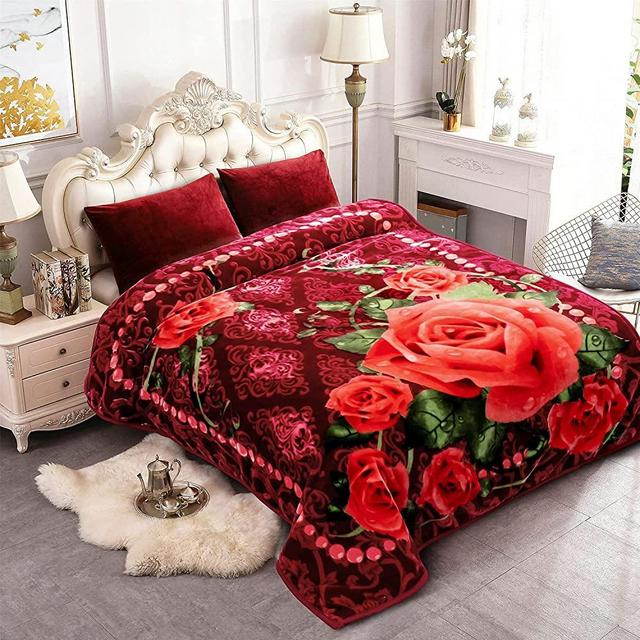 JYK Korean Faux Mink Fleece Blanket Queen 75" x 87", 5Pounds - 2 Ply Reversible Silky Soft Plush Warm Blanket for Autumn, Winter - Rose/Notre Dame