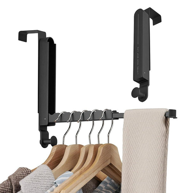 Clothes Drying Rack Foldable Fit Door up to 1 3/8" Optimal 2pc,Over The Door Hanger with Retractable Rod,Over The Door Hanger Hooks for Laundry Bathroom Bedroom Travel Hangers(Black, 2 Pack)