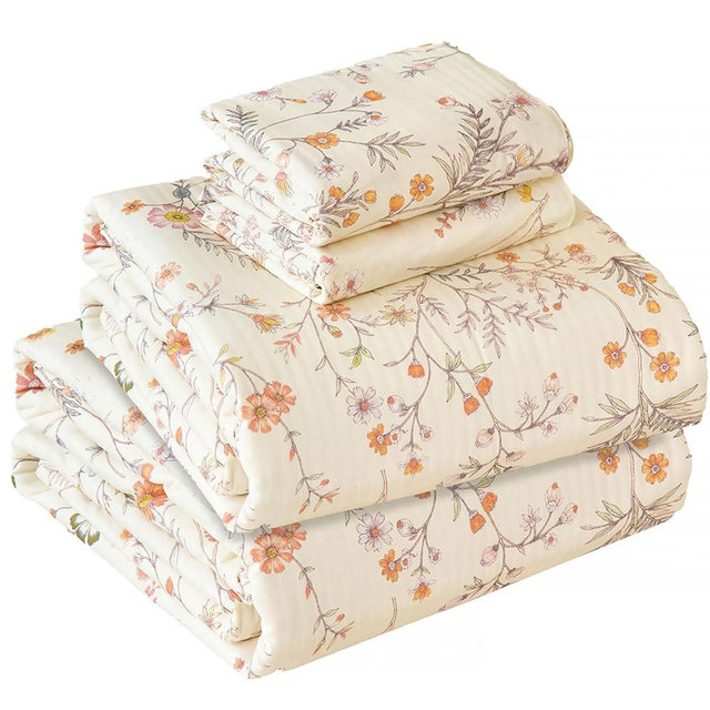 Zusbest Floral Sheets Full Size 100% Cotton Cream Orange Bed Sheet Set, Soft Breathable for Hot Sleepers, Countryside Vintage Yellow Flower Pattern Bedding Deep Pocket 17.5‘’, 4Pcs, Full