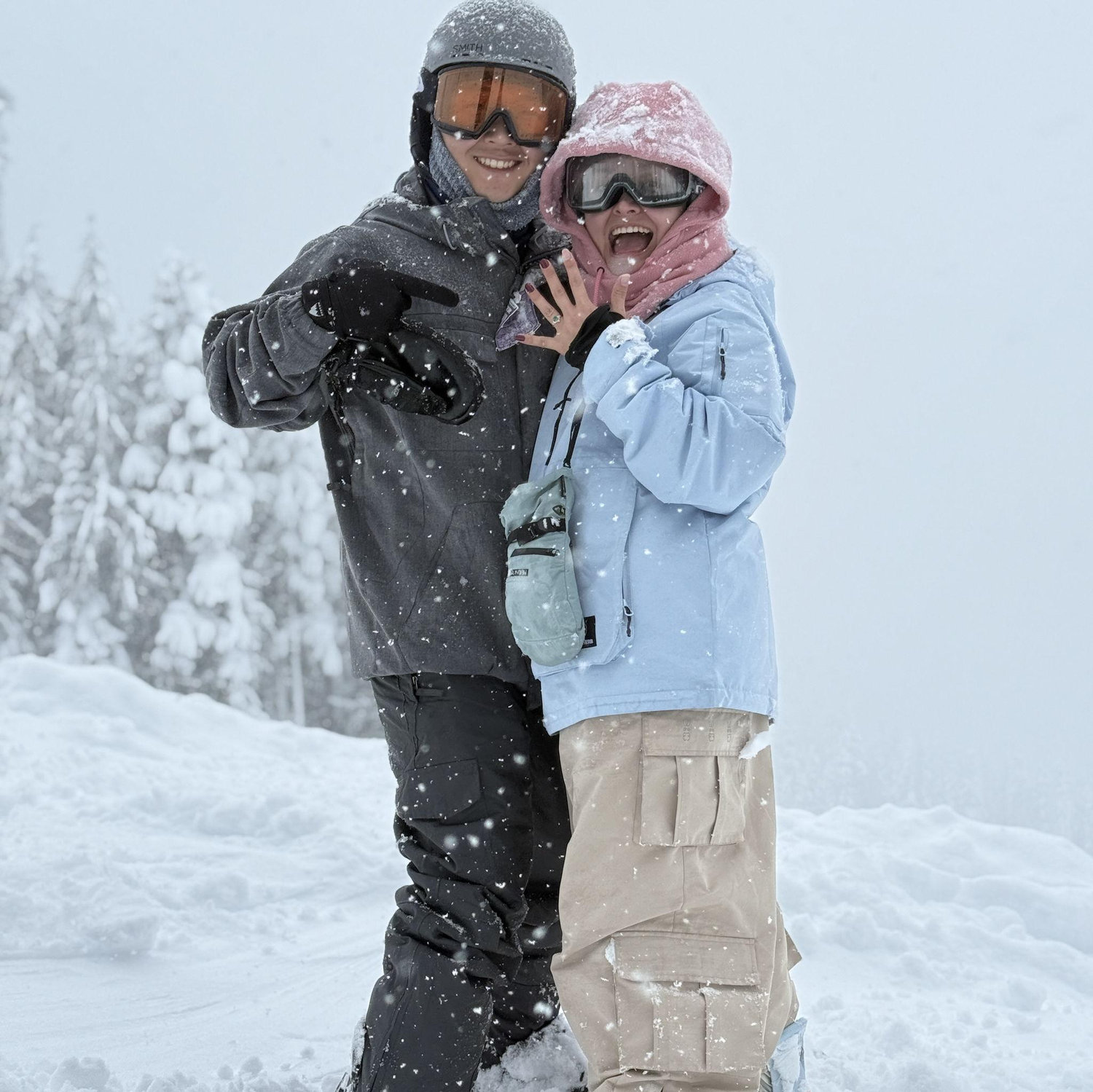 Snowboarding down Whistler after getting engaged.