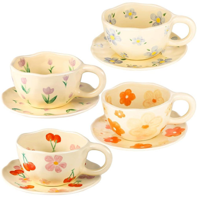 MAKCNMYM Ceramic Coffee Mug Vintage Flower Mugs 8 oz Cute Floral Coffee Mugs Irregular Latte Art Cup Lead-free Porcelain Cups for Cappuccino, Cocoa (4 Set with Saucers)