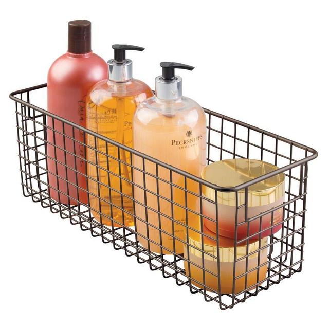 mDesign Bathroom Metal Wire Narrow Storage Organizer Bin Basket Holder with Handles - for Cabinets, Shelves, Bathrooms, Bedrooms - Holds Shampoo, Conditioner, Lotion - 16" x 6" x 6" - Bronze