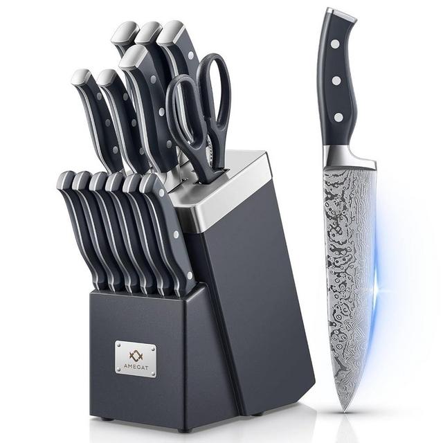 Knife Set, AMEGAT Knife Block Set with Advanced Self-Sharpening Technology, 14-Piece Waved Texture Kitchen Knives, Stainless Steel Knife Set with Block, Razor-Sharp and Full Tang Handle