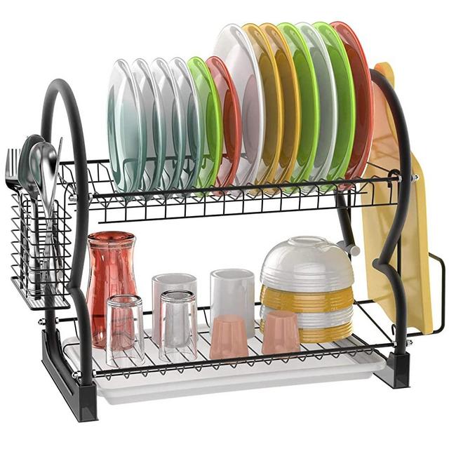 Dish Drying Rack, iSPECLE 201 Stainless Steel 2-Tier Dish Rack with Utensil Holder, Cutting Board Holder and Dish Drainer for Kitchen Counter