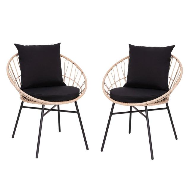 Merrick Lane Set Of 2 Faux Rattan Rope Patio Chairs, Tan Papasan Style Indoor/Outdoor Chairs with Black Seat & Back Cushions