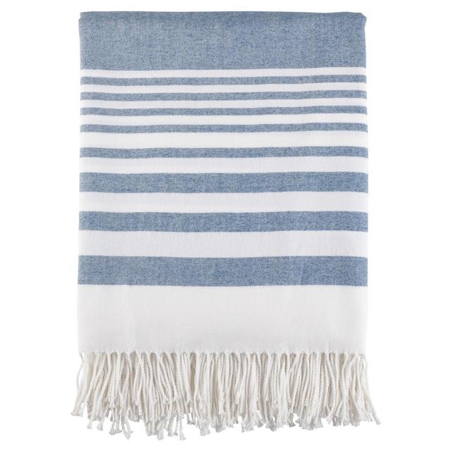 Navy Blue Stripe Pattern Fringe Throw Blankets (50"x60")- Saro Lifestyle