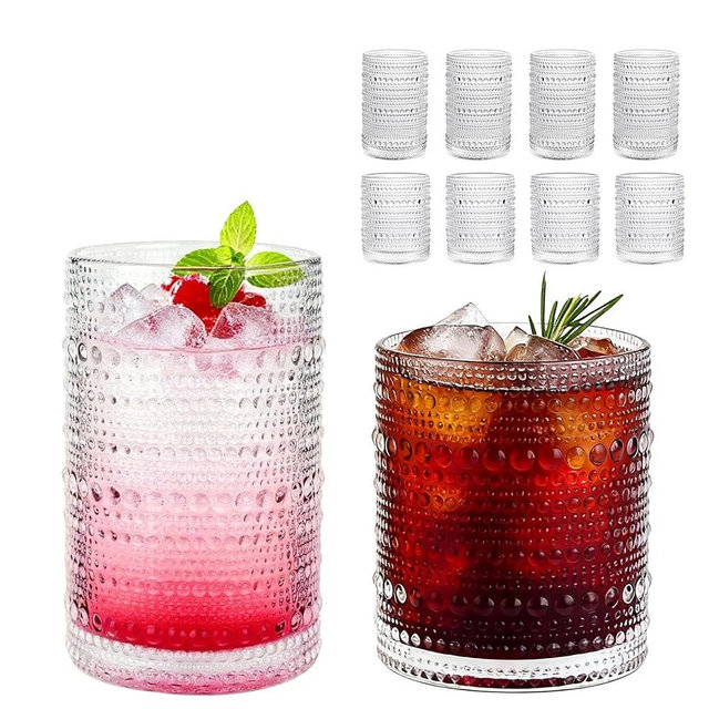 Elitrivox Hobnail Drinking Glasses Set of 8, 12 Oz Vintage Cocktail Glasses & 10 Oz Glasses Drinking Set, Kitchen Glassware Water Glasses for Beer, Whiskey, Milk, Juice