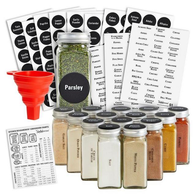 Talented Kitchen 14 Pack Glass Spice Jars with 269 Spice Labels, Empty Square Spice Bottles Containers 4 oz w Pour/Sift Shaker Lid, Water Resistant